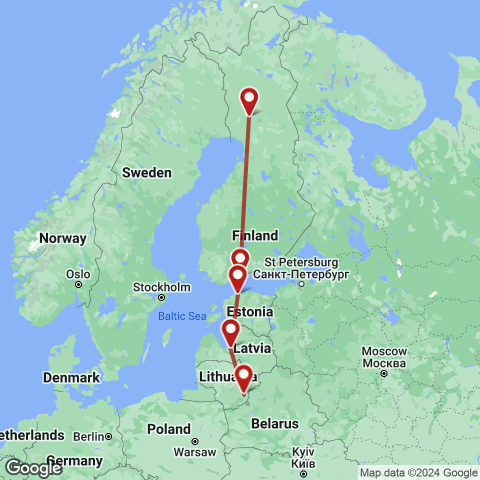 Route for Vilnius, Riga, Tallinn, Helsinki, Rovaniemi tour